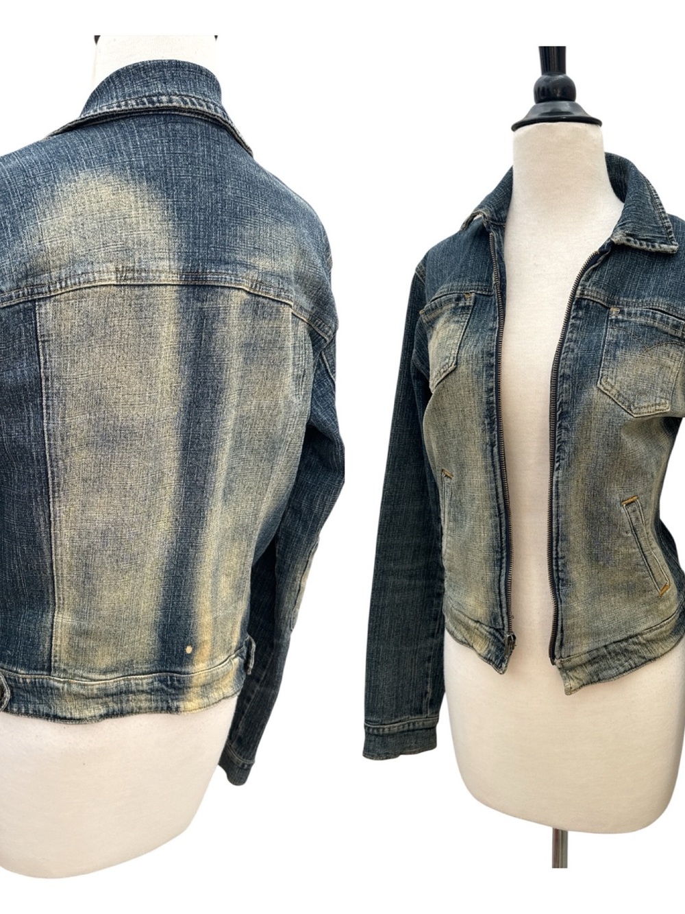 Bisou Bisou Blue Denim Jacket Women’s Small Zip Front Faded Collared Utility